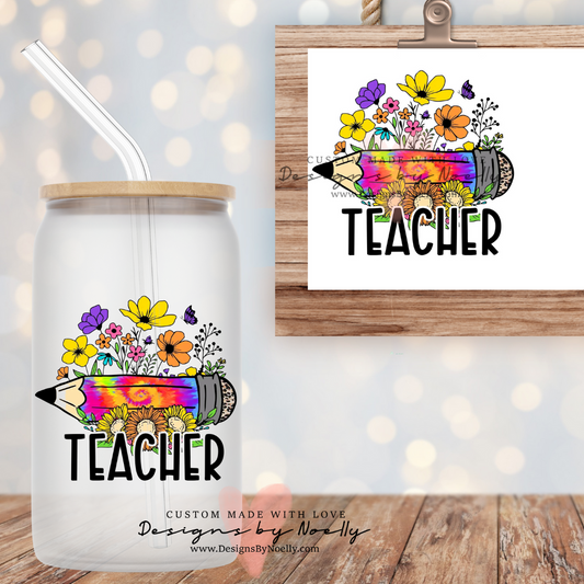 Teacher, Pencil, Flower Glass Cup