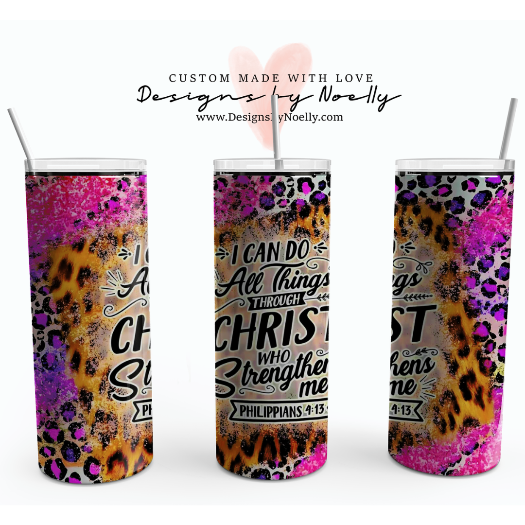 Animal Print, "I can Do All Things Through Christ", Glitter, Inspirational 20oz Tumbler
