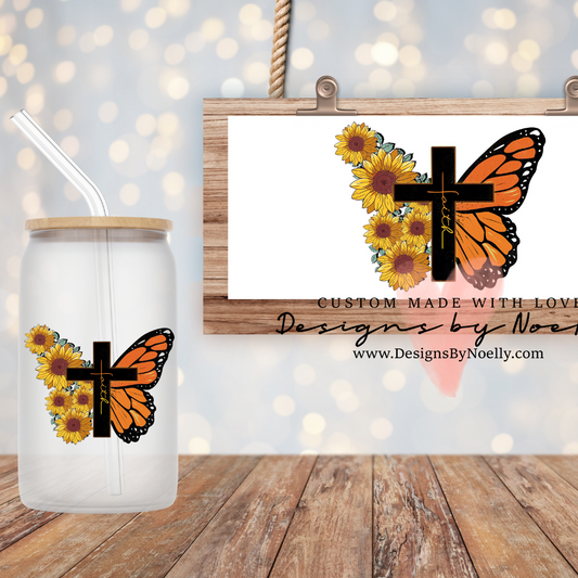Faith Butterfly & Sunflowers Can Glass Cup