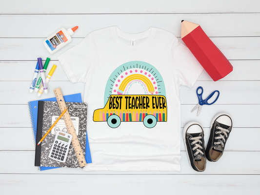 Best Teacher Ever, School Bus , Boho Rainbow T-Shirt