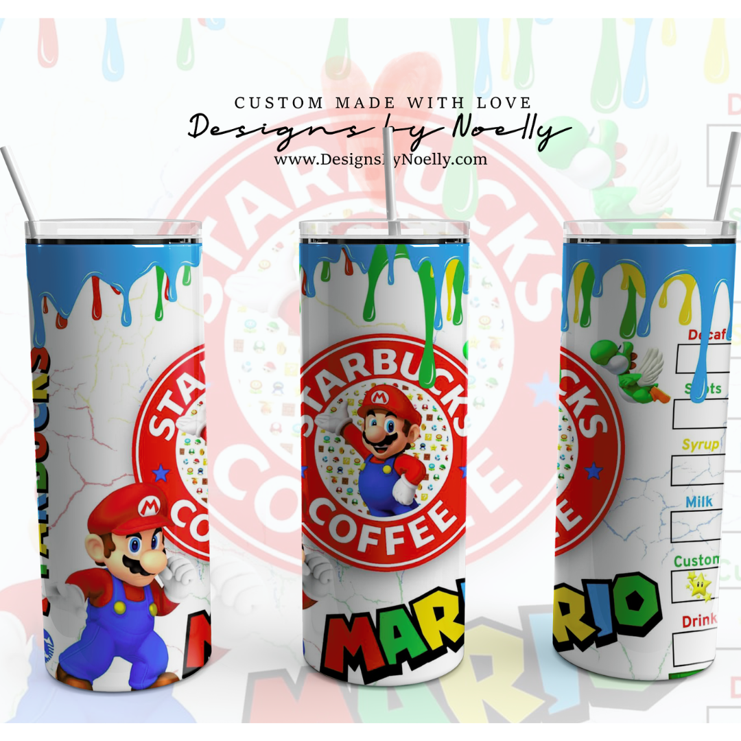 Super Mario 20 oz Tumbler, Starbucks, Princess Peach, Yoshi, Luigi. Mario Bros, Bowser, Sublimation